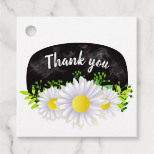 Étiquettes Cadeau Marguerites blanches sur un tableau noir Merci