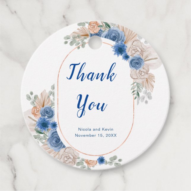 Étiquettes Cadeau Mariage à l'herbe de Pampas Bleue Boho (Devant)