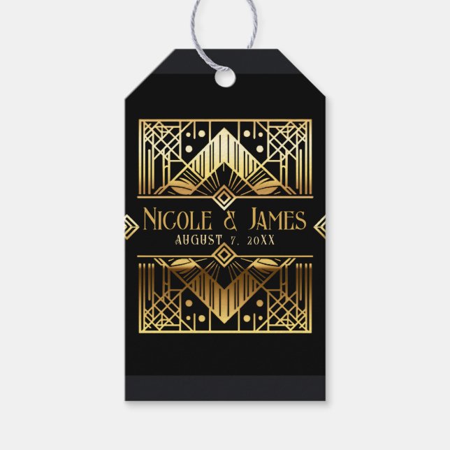Étiquettes-cadeau Mariage Art déco noir & or (Devant)