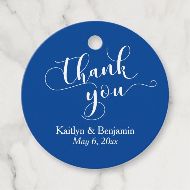 Étiquettes Cadeau Mariage blanc élégant sur Merci bleu profond (Devant)