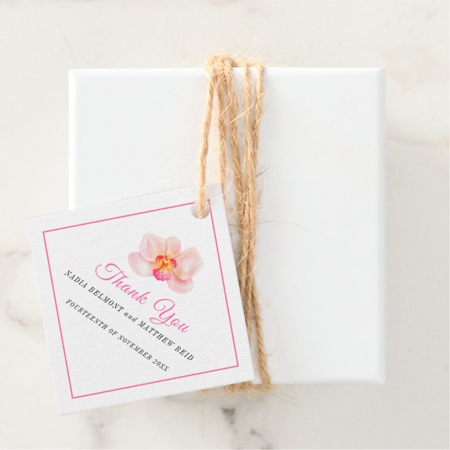Étiquettes Cadeau Mariage blanc rose orchidée minimal merci (En situation)