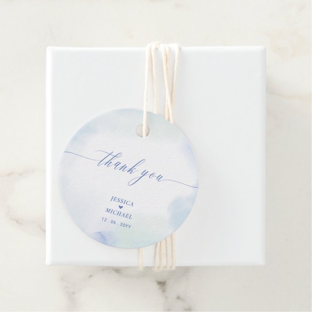 Étiquettes Cadeau Mariage bleu Coeur et aquarelle Merci photo (En situation)