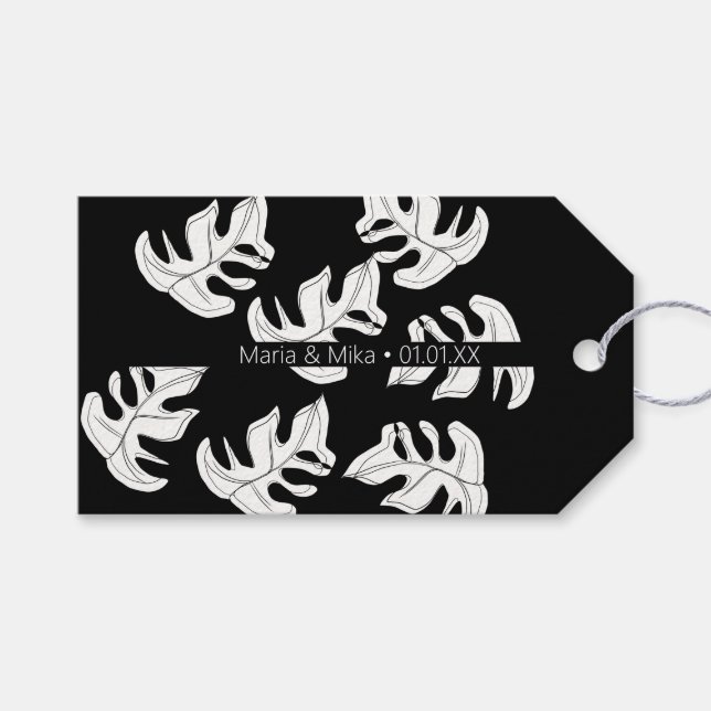 Étiquettes-cadeau Mariage botanique noir de Monstera (Devant (Horizontal))