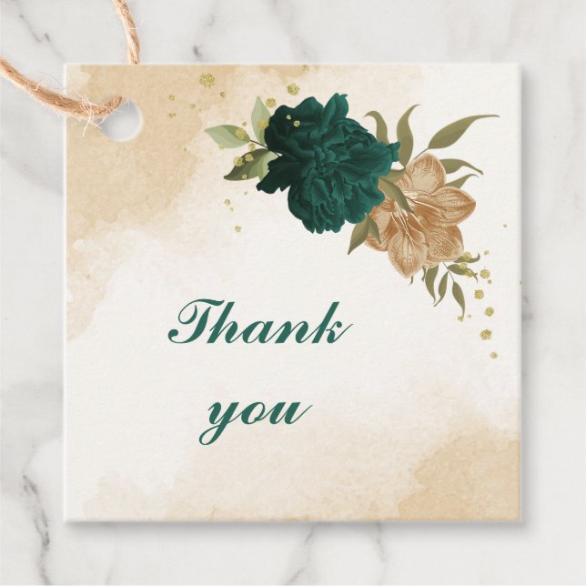 Étiquettes Cadeau Mariage botanique vert émeraude beige or (Devant)