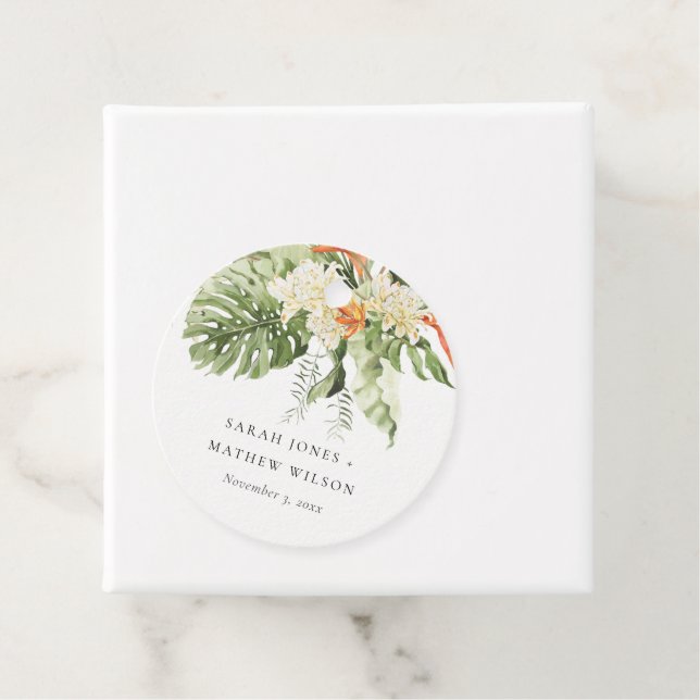 Étiquettes Cadeau Mariage botanique vert orange tropical (En situation)