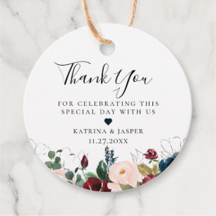 Étiquettes Cadeau Mariage Bouquet Floral Navy Rouge de Bourgogne