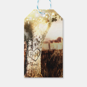 Étiquettes-cadeau Mariage Champêtre avec Arbre Sculpté et Guirlande