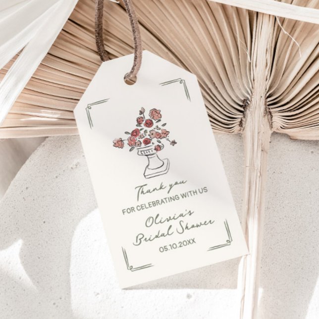 Étiquettes-cadeau Mariage Champêtre Urne Florale Rouge Sage Dessinée (Créateur téléchargé)