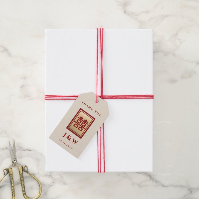 Étiquettes-cadeau Mariage chinois à double bonheur (Avec de la ficelle)