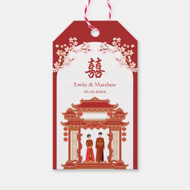 Étiquettes-cadeau Mariage chinois du temple de couple rouge cerisier (Devant)