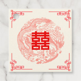 Étiquettes Cadeau Mariage chinois rouge dragon et Phénix