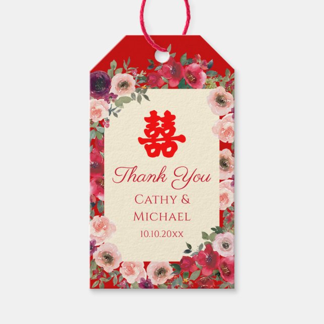 Étiquettes-cadeau Mariage chinois rouge jardin fleuri double bonheur (Devant)