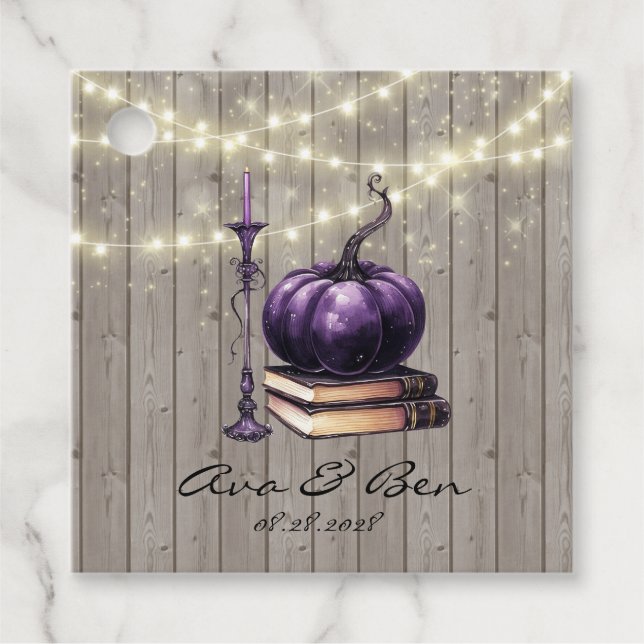 Étiquettes Cadeau Mariage Citrouille violet en bois rustique (Devant)