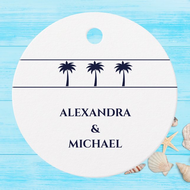 Étiquettes Cadeau Mariage côtier de palmiers tropicaux de la Marine  (Créateur téléchargé)