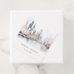 Étiquettes Cadeau Mariage d'aquarelle de Chicago, Illinois City Scap