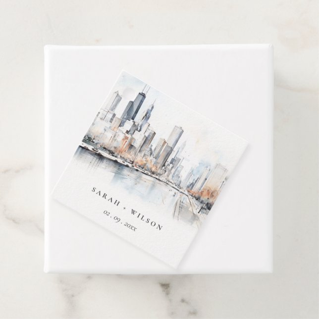Étiquettes Cadeau Mariage d'aquarelle de Chicago, Illinois City Scap (En situation)