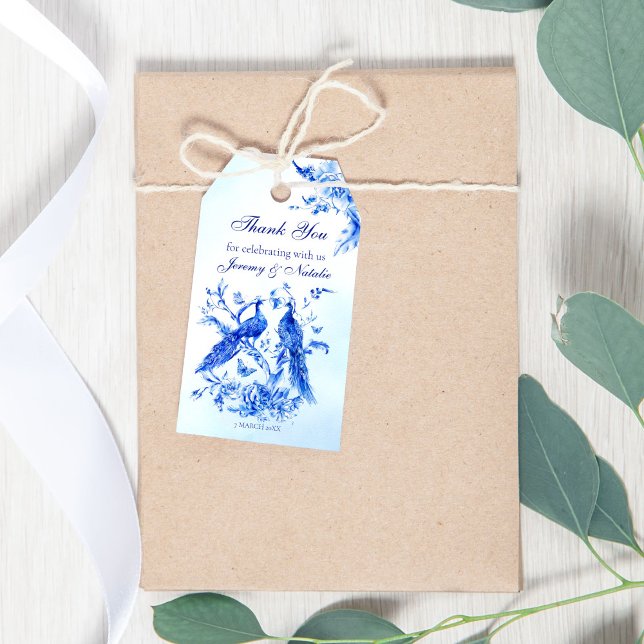 Étiquettes-cadeau Mariage d'aquarelle de paon bleu royal (Royal blue Victorian peacock watercolor wedding gift tags)