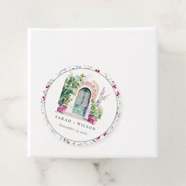 Étiquettes Cadeau Mariage d'aquarelle de porte marocaine tropicale (En situation)