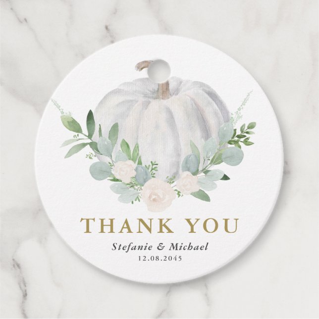 Étiquettes Cadeau Mariage de automne Citrouille blanc aquarelle Merc (Devant)