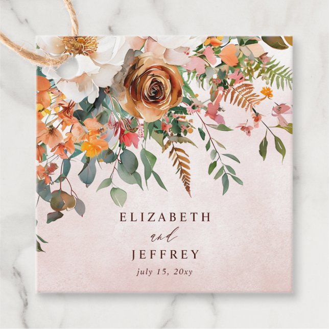 Étiquettes Cadeau Mariage de automne Floral Orange Rustique (Devant)
