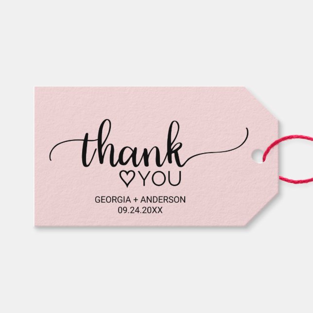 Étiquettes-cadeau Mariage de calligraphie simple rose pâle "Merci" (Devant (Horizontal))
