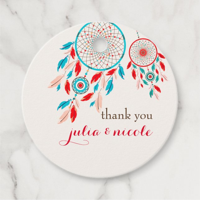 Étiquettes Cadeau Mariage de Dreamcatcher en plumes de la tribu Boho (Devant)