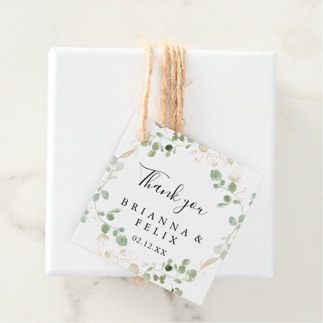 Étiquettes Cadeau Mariage de feuillage Gold Confetti Eucalyptus (En situation)