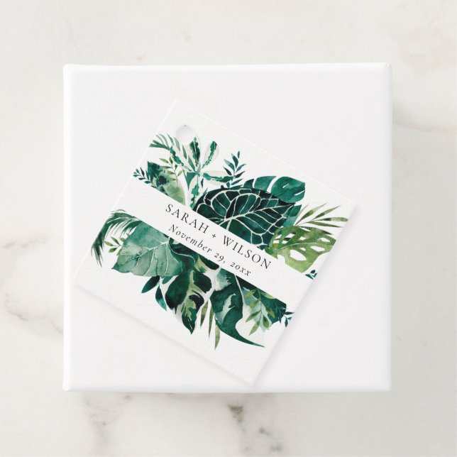 Étiquettes Cadeau Mariage de feuillage vert Monstera Tropical Modern (En situation)