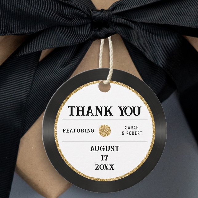 Étiquettes Cadeau Mariage de Merci de disques  de disques de vinyle  (Retro Gold Glitter Vinyl Record Thank You Wedding Favor Tags
)