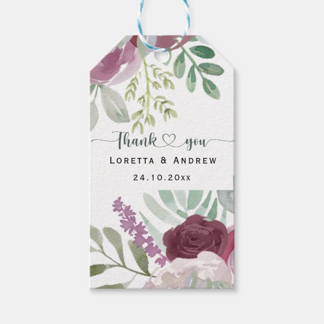 Étiquettes-cadeau Mariage de Merci Floral d'aquarelle Bourgogne (Devant)