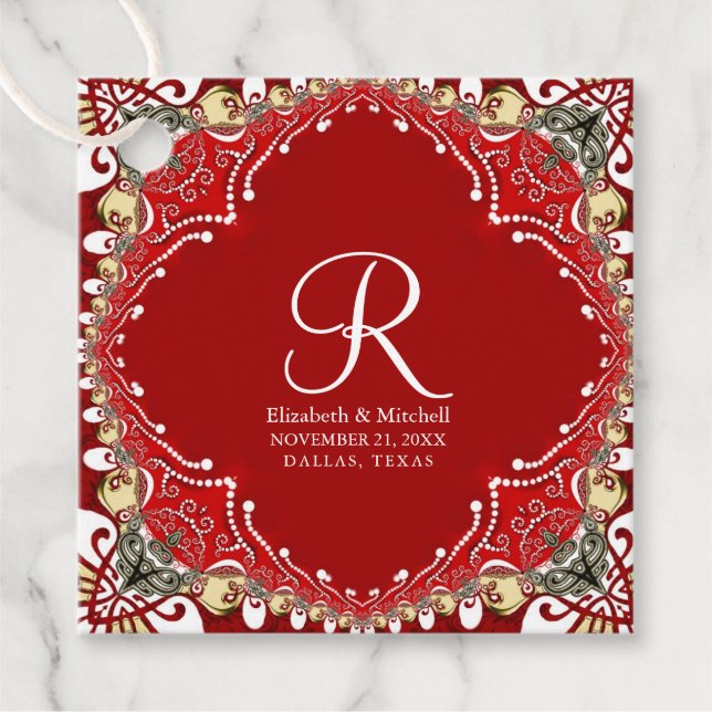 Étiquettes Cadeau Mariage de monogramme Batik de Bohême Rouge (Devant)