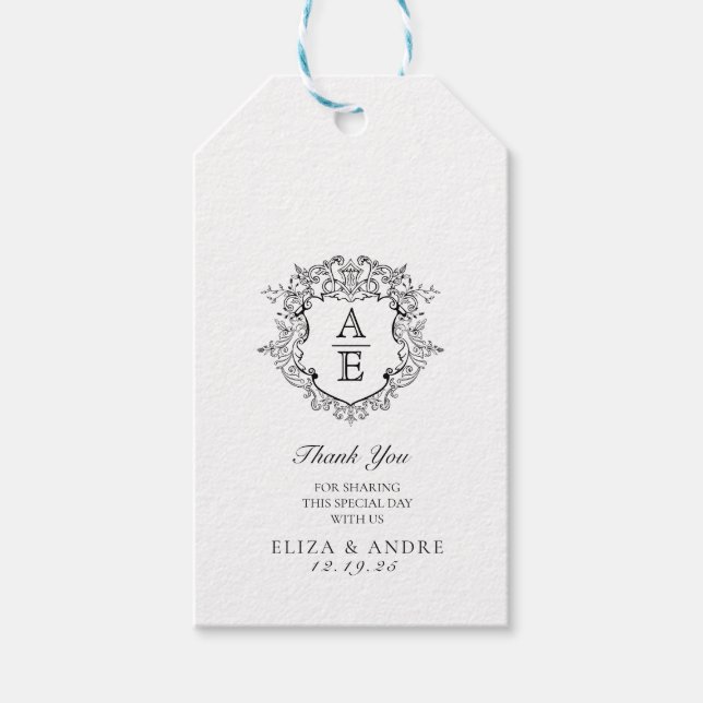 Étiquettes-cadeau Mariage de monogramme de la crête florale (Devant)