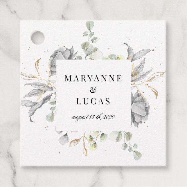 Étiquettes Cadeau mariage de monogramme floral argent dramatique (Devant)