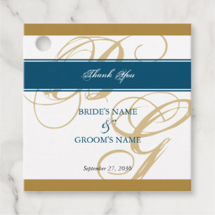 Étiquettes Cadeau Mariage de monogramme or Blue Elegant