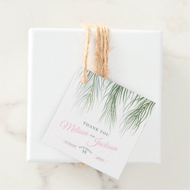 Étiquettes Cadeau Mariage de palme tropicale grâce vert foncé blanc  (En situation)