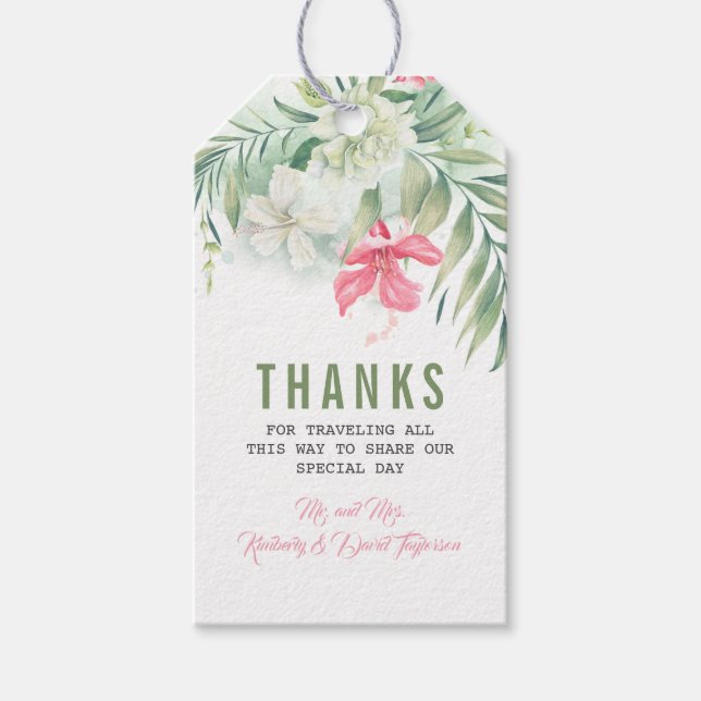 Étiquettes-cadeau Mariage de plage aux fleurs tropicales (Devant)
