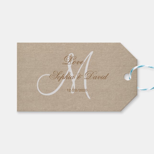 Étiquettes-cadeau Mariage de toile en lin rustique Monogramme initia (Devant (Horizontal))