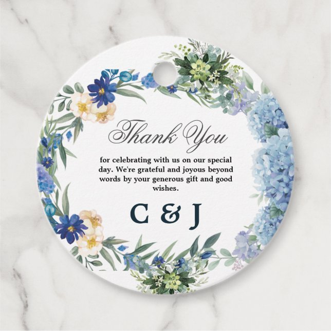 Étiquettes Cadeau Mariage de verdure bleu rustique Floral (Devant)