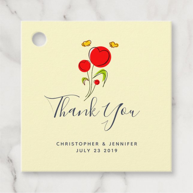 Étiquettes Cadeau Mariage d'illustration de fleurs de coeur rouge mi (Devant)
