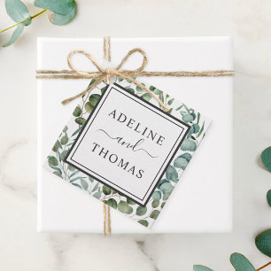 Étiquettes Cadeau Mariage élégant au monogramme de verdure d'eucalyp