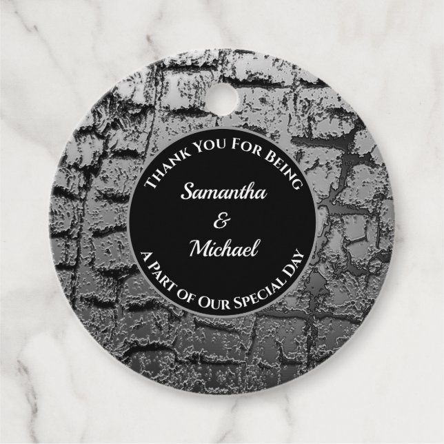 Étiquettes Cadeau Mariage élégant Crackled Argent Merci invité (Devant)