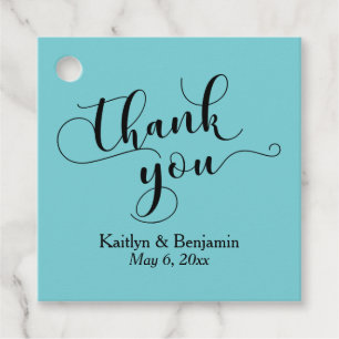 Étiquettes Cadeau Mariage Élégant noir Script, Merci Turquoise