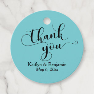 Étiquettes Cadeau Mariage Élégant noir Script, Merci Turquoise