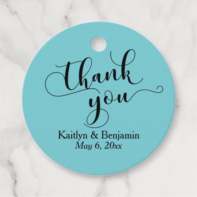Étiquettes Cadeau Mariage Élégant noir Script, Merci Turquoise (Devant)