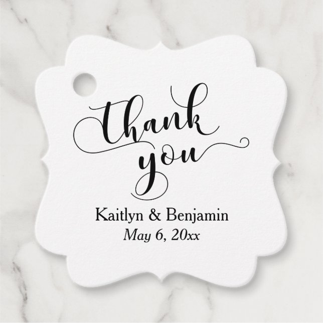 Étiquettes Cadeau Mariage Elegant noir Script sur Merci blanc (Devant)