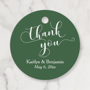 Étiquettes Cadeau Mariage Elegant White sur Hunter Green Merci