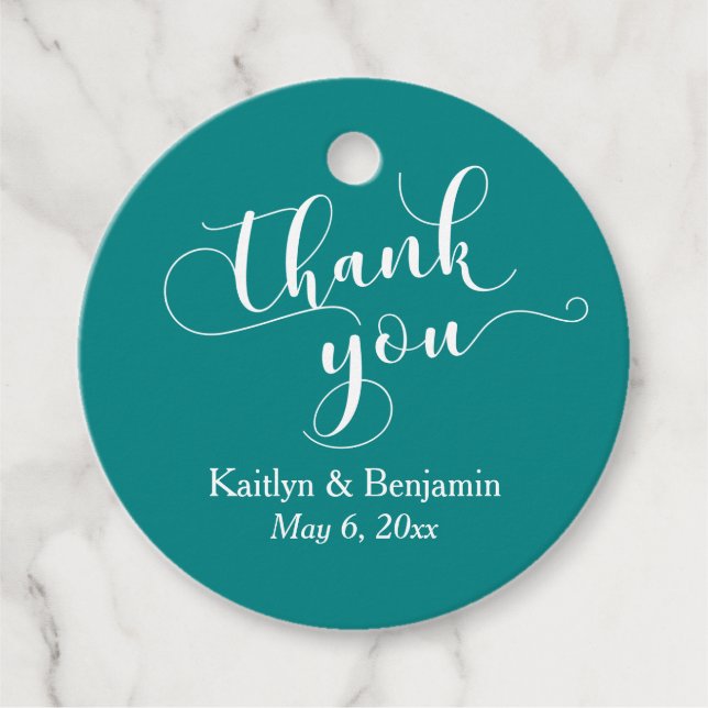 Étiquettes Cadeau Mariage Elegant White sur le Merci Turquoise (Devant)