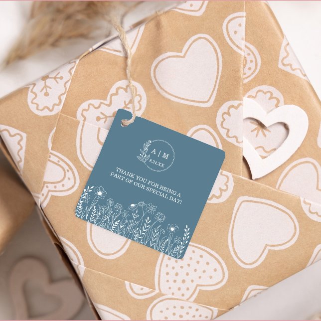 Étiquettes Cadeau Mariage Fleur sauvage bleu Dusty (Thank You wedding gift tag dusty blue with white wildflowers)