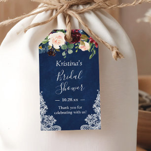 Étiquettes-cadeau Mariage Fleurie en Dentelle Bleu Nuit Rouge Rosé