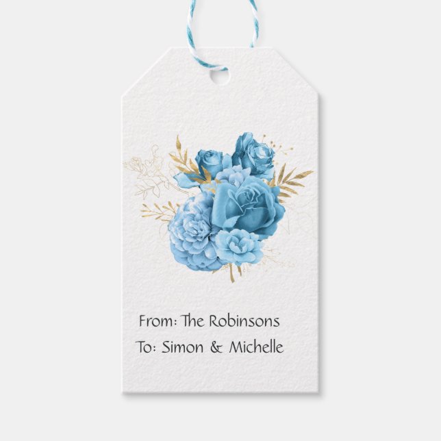 Étiquettes-cadeau Mariage Fleuris Bleu Pastel et Or (Devant)